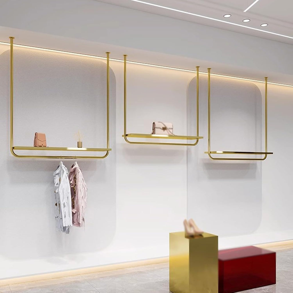 Ceiling Clothing Rack, Stainless Steel Garment Rack Hanging Clothes Rail With Shelf, Modern Coat Hanger Retail Store Display Rack, Height Adjustable, Gold(One Color-100Cm)