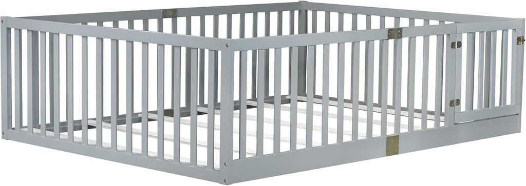 Full Size Floor Bed with 21.5' High Rails and Door, Solid Rubber Wood Montessori Bed Full for Boys Girls, Low Profile Kids Beds Frame with 6 Slats, No Box Spring Needeed, Grey