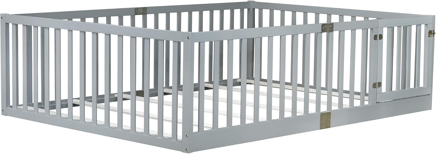 Full Size Floor Bed with 21.5' High Rails and Door, Solid Rubber Wood Montessori Bed Full for Boys Girls, Low Profile Kids Beds Frame with 6 Slats, No Box Spring Needeed, Grey