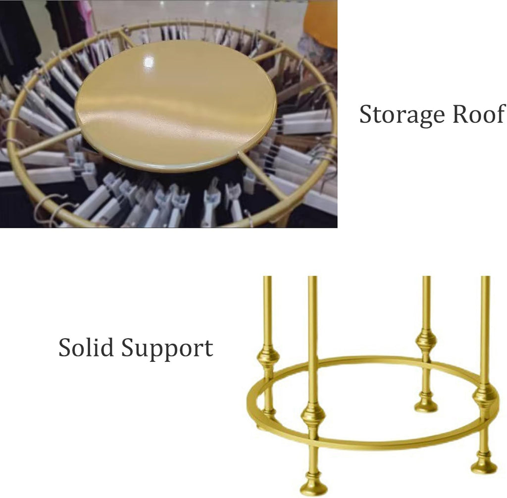 Mobile Storage Rack Freestanding Display Rack Tool Pegboard Garage,27.5in Gold Metal Clothing Display Rack with Top Shelf, Freestanding Garment Stand, Stylish Round Clothes Rack for Retail S