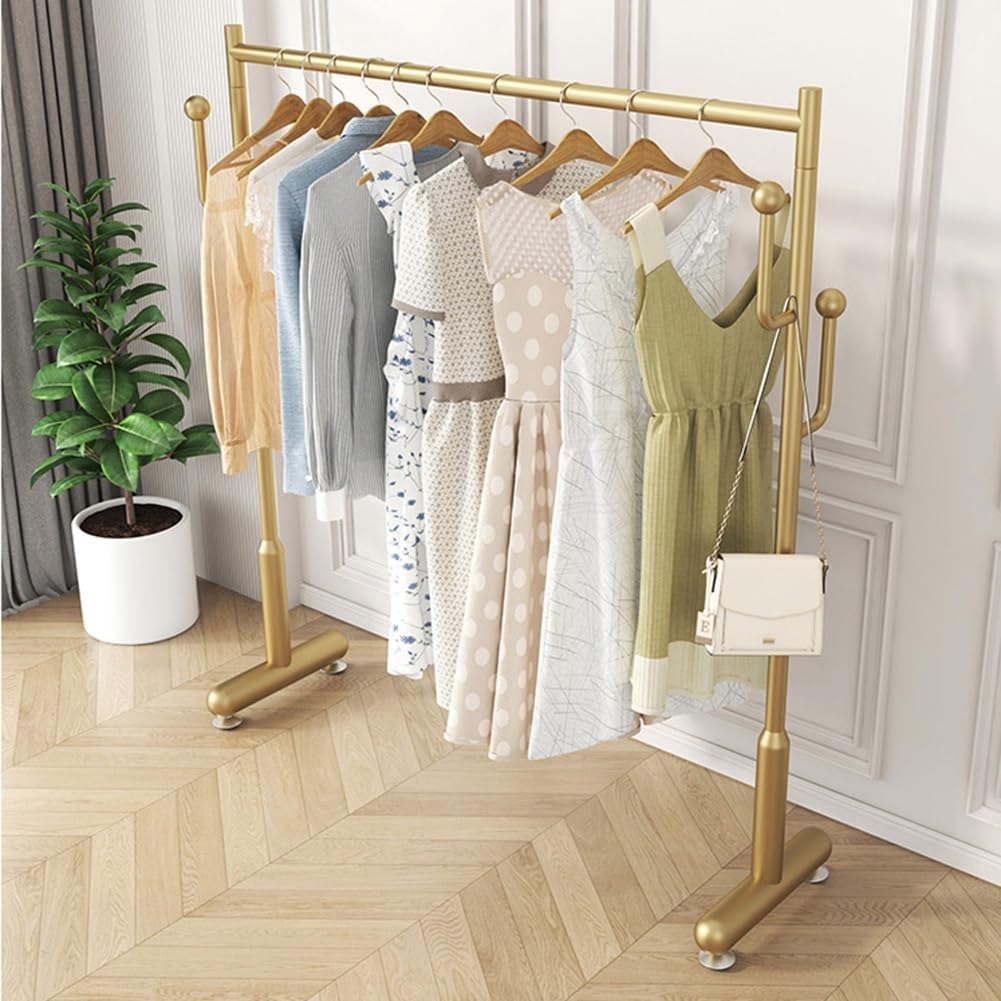 Freestanding Clothing Garment Rack for Hanging Clothes, Metal Clothes Organizer for Bedroom, Laundry Room, Single Rail with Side Hooks (Color : Gold, Size : 60x40x130cm)