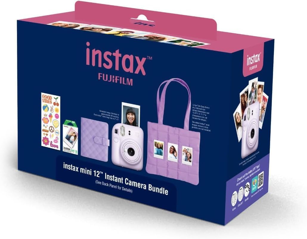 FUJIFILM Instax Mini 12 Instant Film Camera 2025 Holiday Bundle (Purple) + Compatible Carrying Case + Microfiber Cleaning Cloth