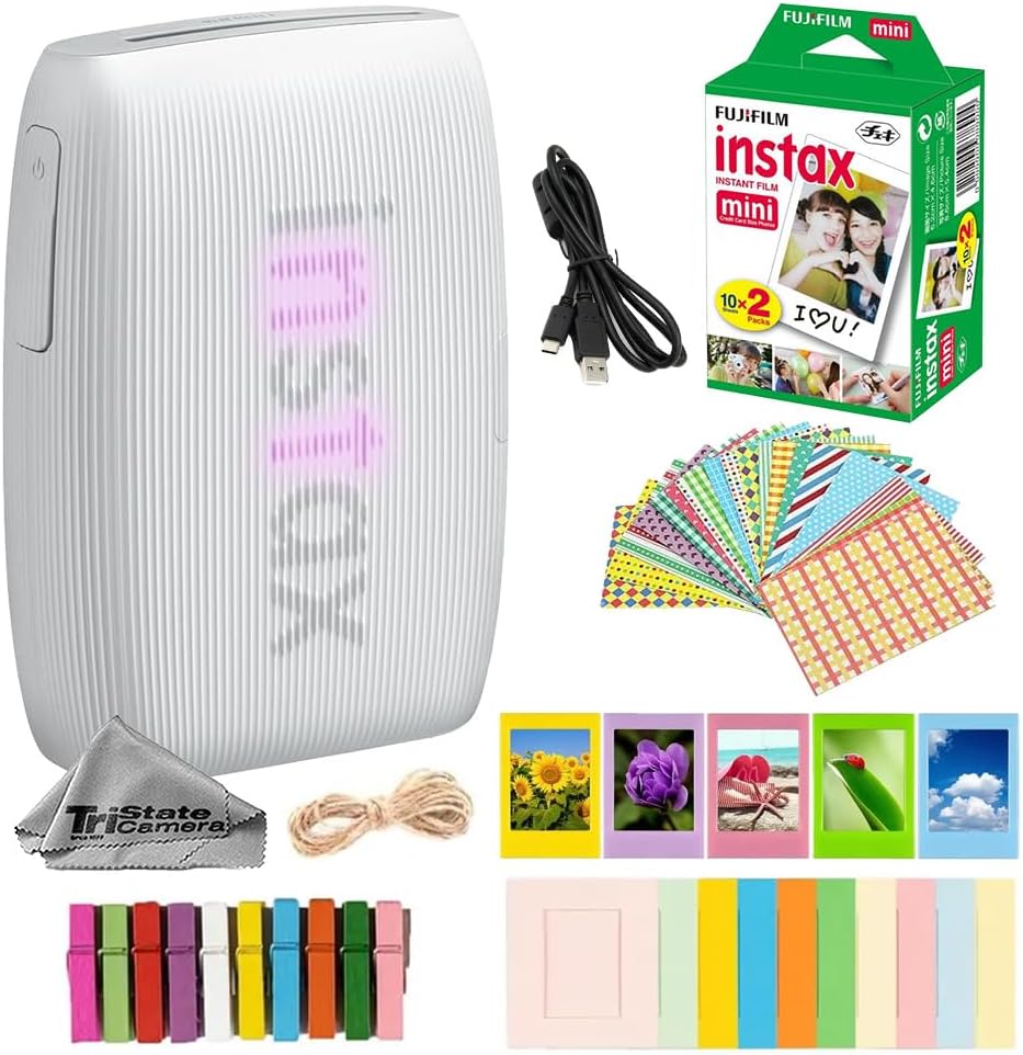 Fujifilm Instax Mini Link 3 Wireless Smartphone Photo Printer (Clay White) w/Mini Instant Film (20 Sheets) + Decorative Sticker Frames + Mini Desk Frame & Hang Clips -Bundle