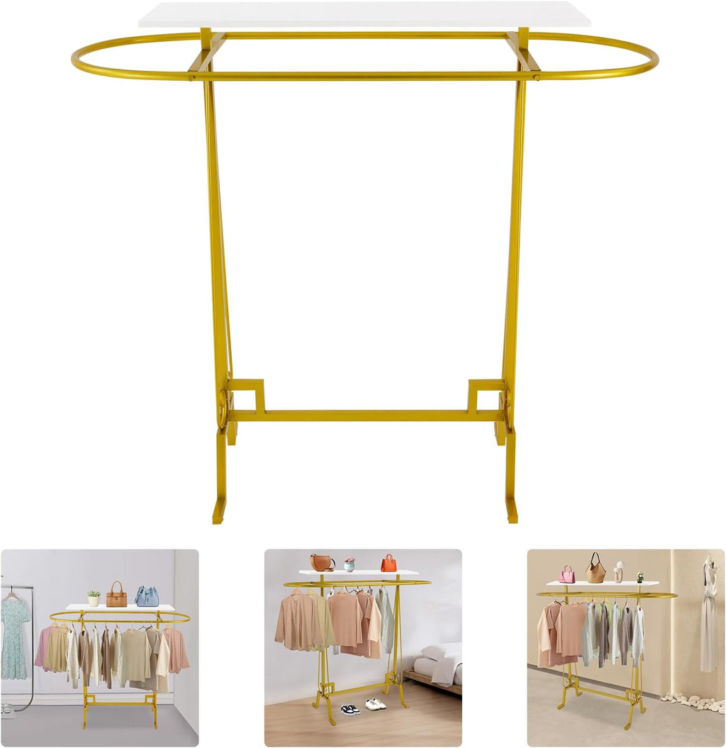 Round Clothing Hanging Rack, Oval Iron Garment Display Retail Rack with Top Storage Shelf, Retail Display Stand for Hanging And Displaying Various Clothes,Scarves(Gold)