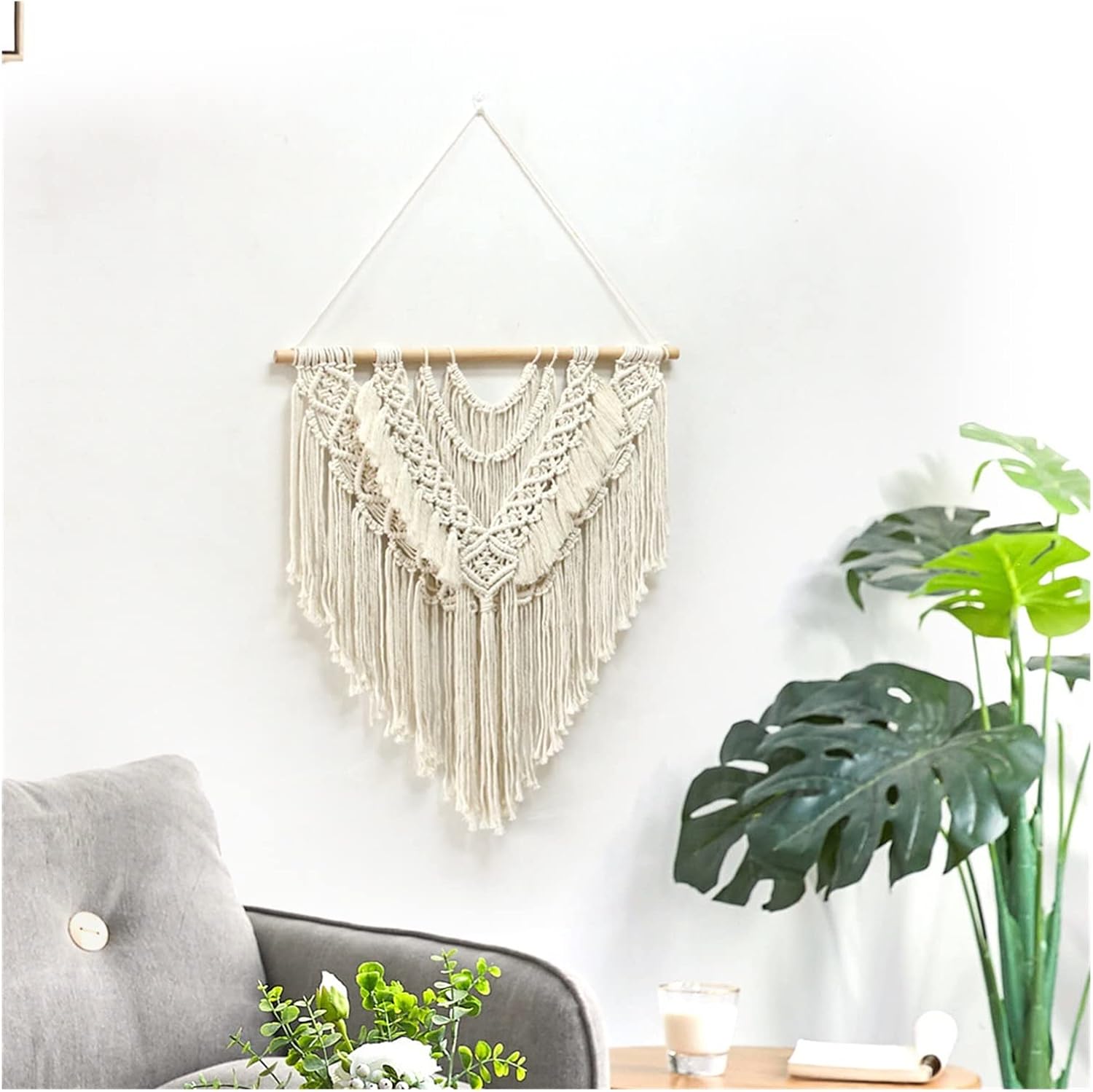 Tapestry Macrame Wall Hanging Bohemian Cotton Weave Artwork Tassel Tapestry Used for Bedroom Living Room Decoration (Beige 70x75cm)