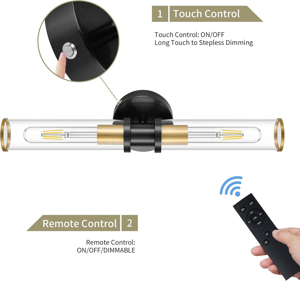 Rayogale Black & Gold Wireless Battery Operated Wall Sconces with Remote | Glass Rechargeable Wall Lights Set of 2 with Timer Function Dimmable for Living Room Bedroom Emergency 3000K, 20.5 Inch