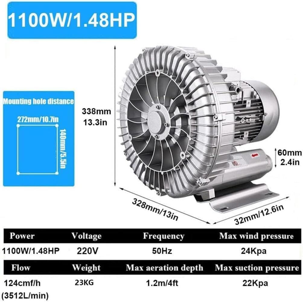 Regenerative Blower, Ring Blower, 220V Single Phase High-Pressure Side Channel Vortex Blower, for Industrial, Sewage Aeration, and Vacuum Applications