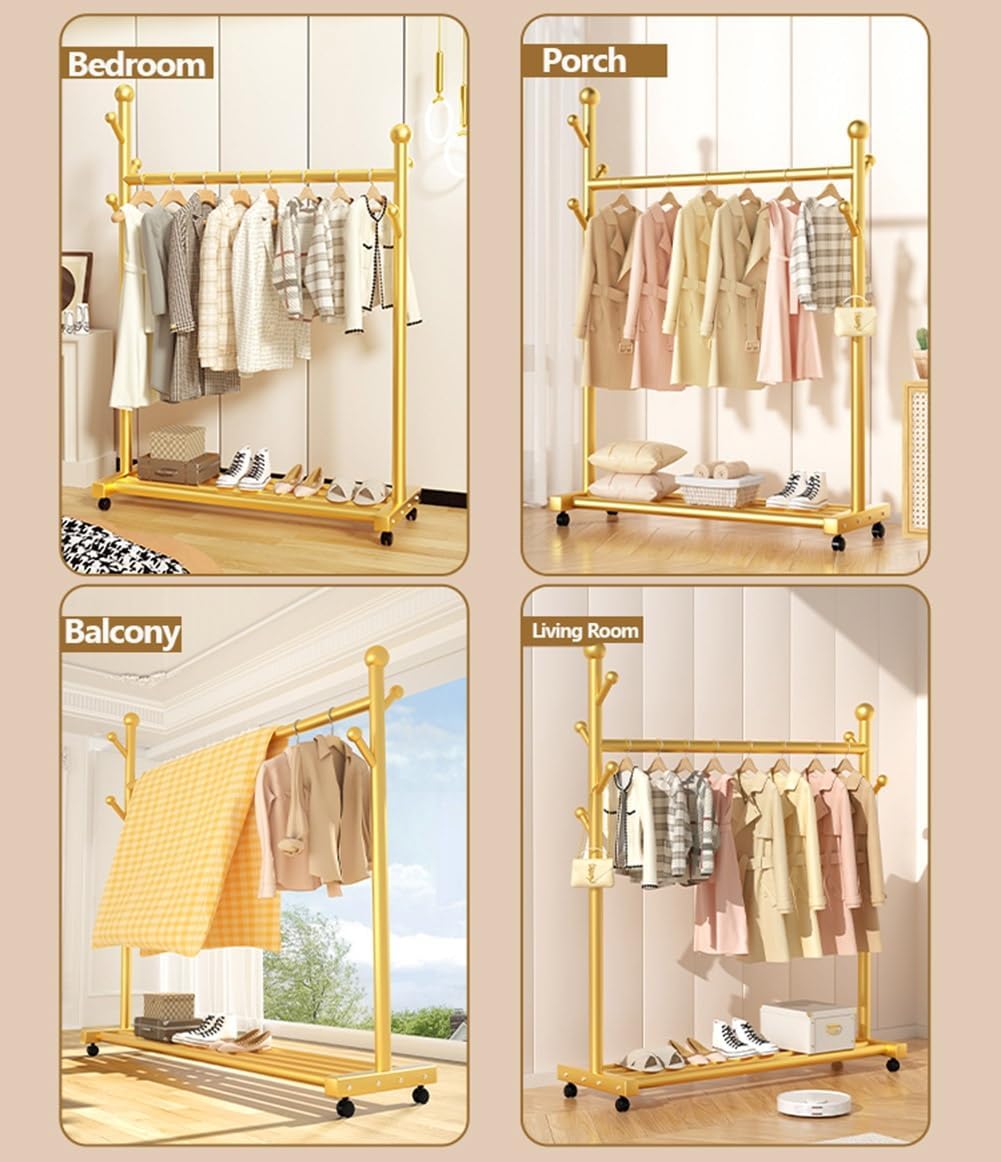 Narrow Clothes Rack with Wheels, Rolling Garment Rack for Hanging Clothes, Clothing Organizer with Side Hooks and Bottom Storage Shelf, Gold (Color : Gold, Size : 60x38x154cm)