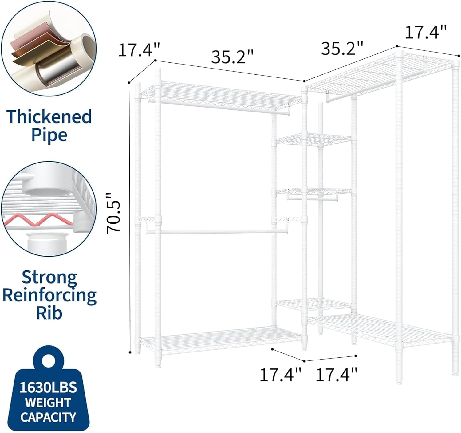 Heavy Duty L-Shaped Freestanding Clothes Rack - Portable Metal Wardrobe Organizer - 4 Hanging Rods & 7 Adjustable Shelves - 1870 lbs Capacity - Corner Closet Storage for Bedroom, Cloakroom -