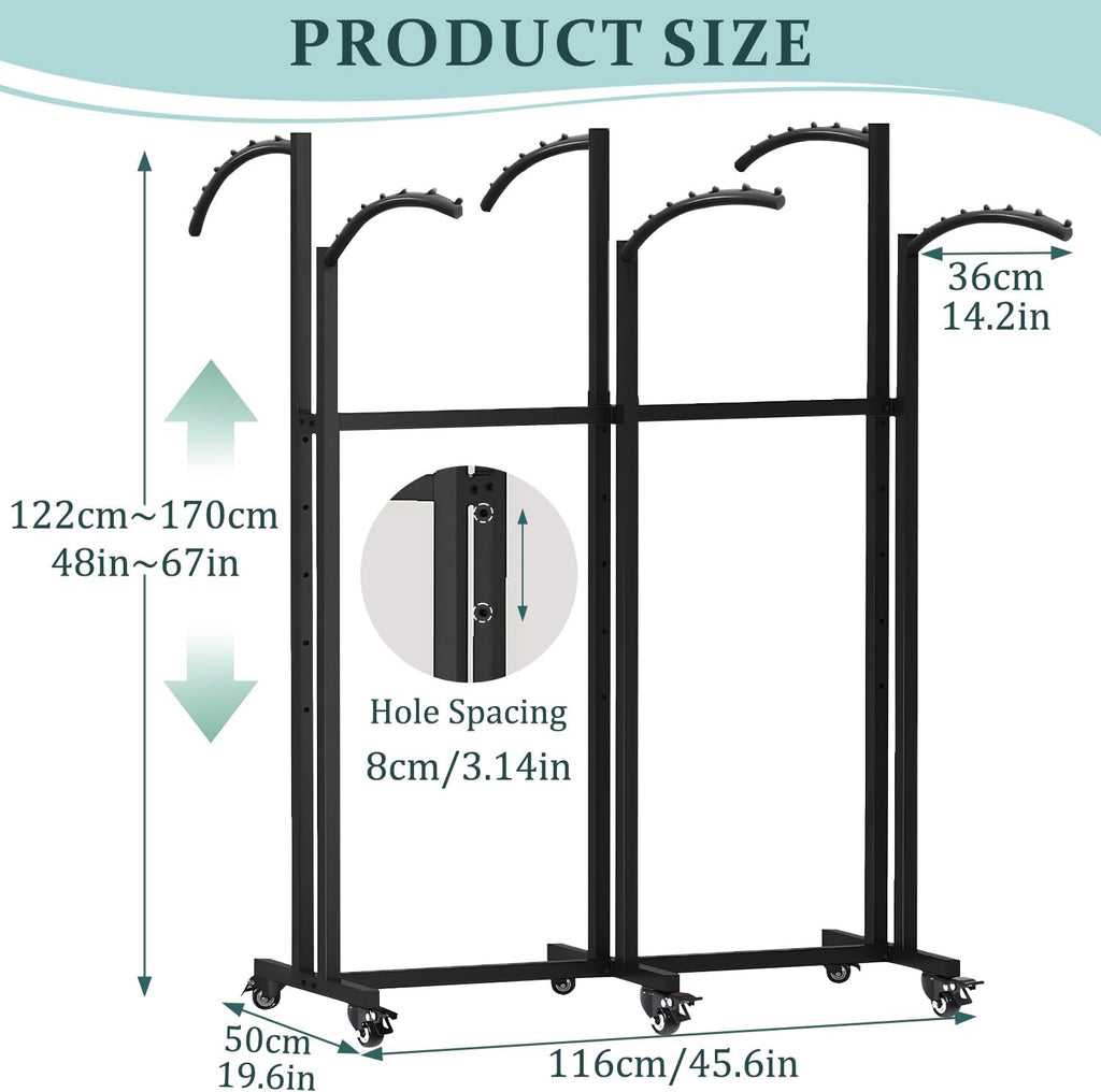 Floor Standing Metal Garment Rack With Wheels, 6 Arms Clothing Rack, Heavy Duty Metal Clothing Garment Rack with Curved Arms, Display Rack for Hanging Clothes,Black