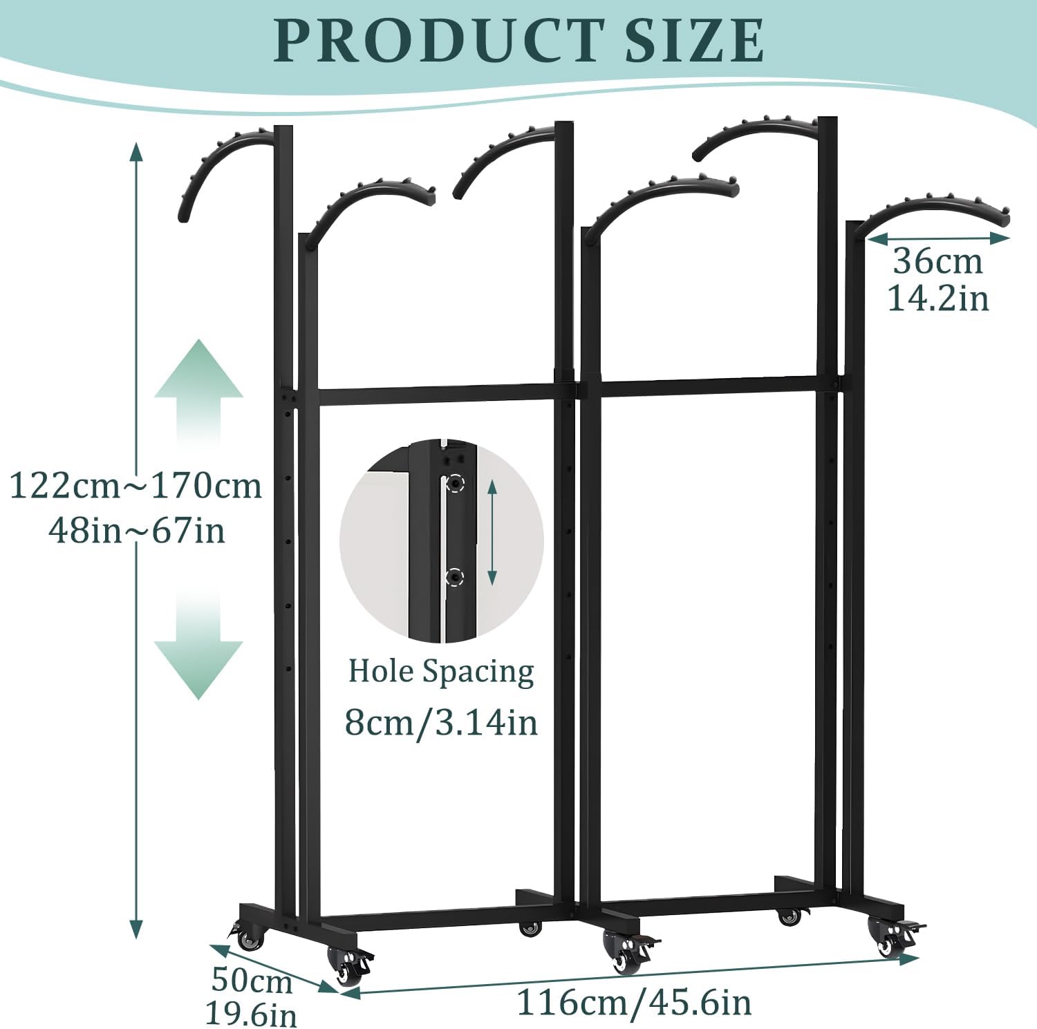 Floor Standing Metal Garment Rack With Wheels, 6 Arms Clothing Rack, Heavy Duty Metal Clothing Garment Rack with Curved Arms, Display Rack for Hanging Clothes,Black