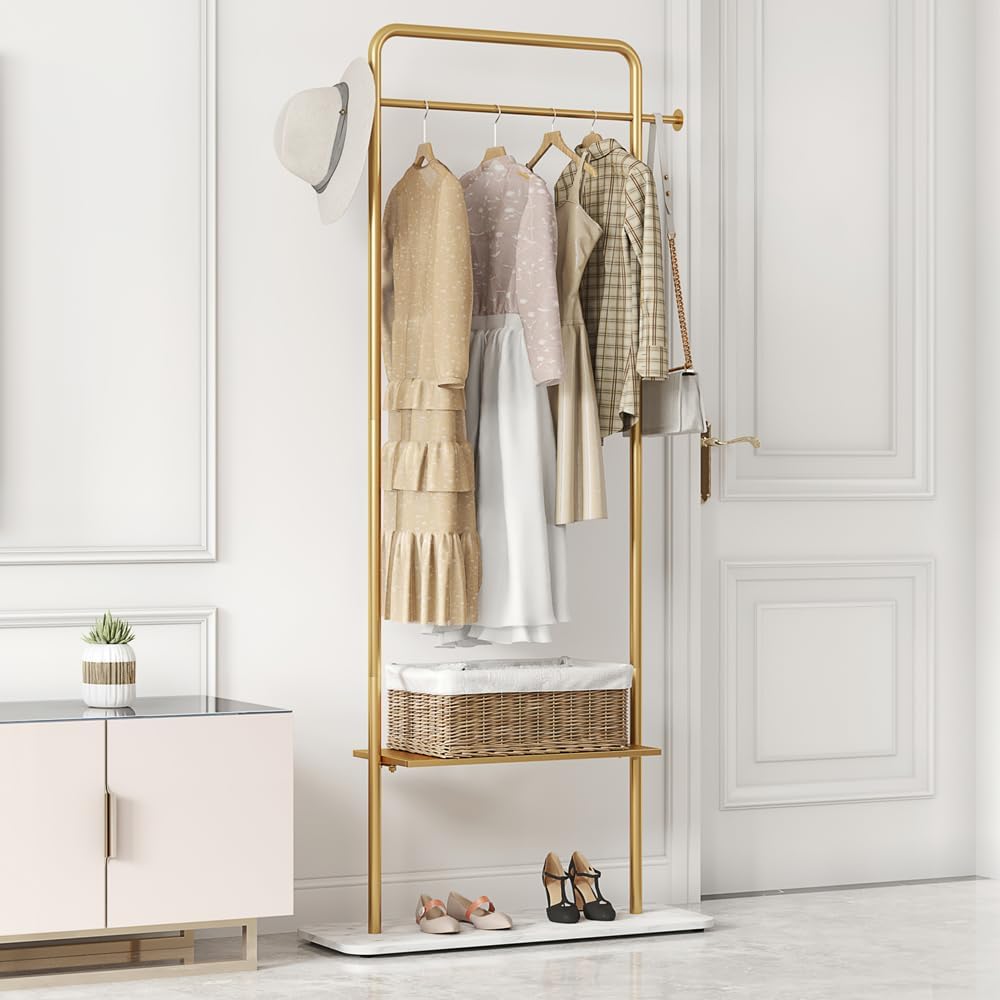 KaKaBB Gold Clothing Rack with Shelves, Coat Racks Freestanding with Marble Base, Clothing Rack for Hanging Clothes, Gold Garment Rack for Boutiques, Bedroom (2 tier, 31.5')