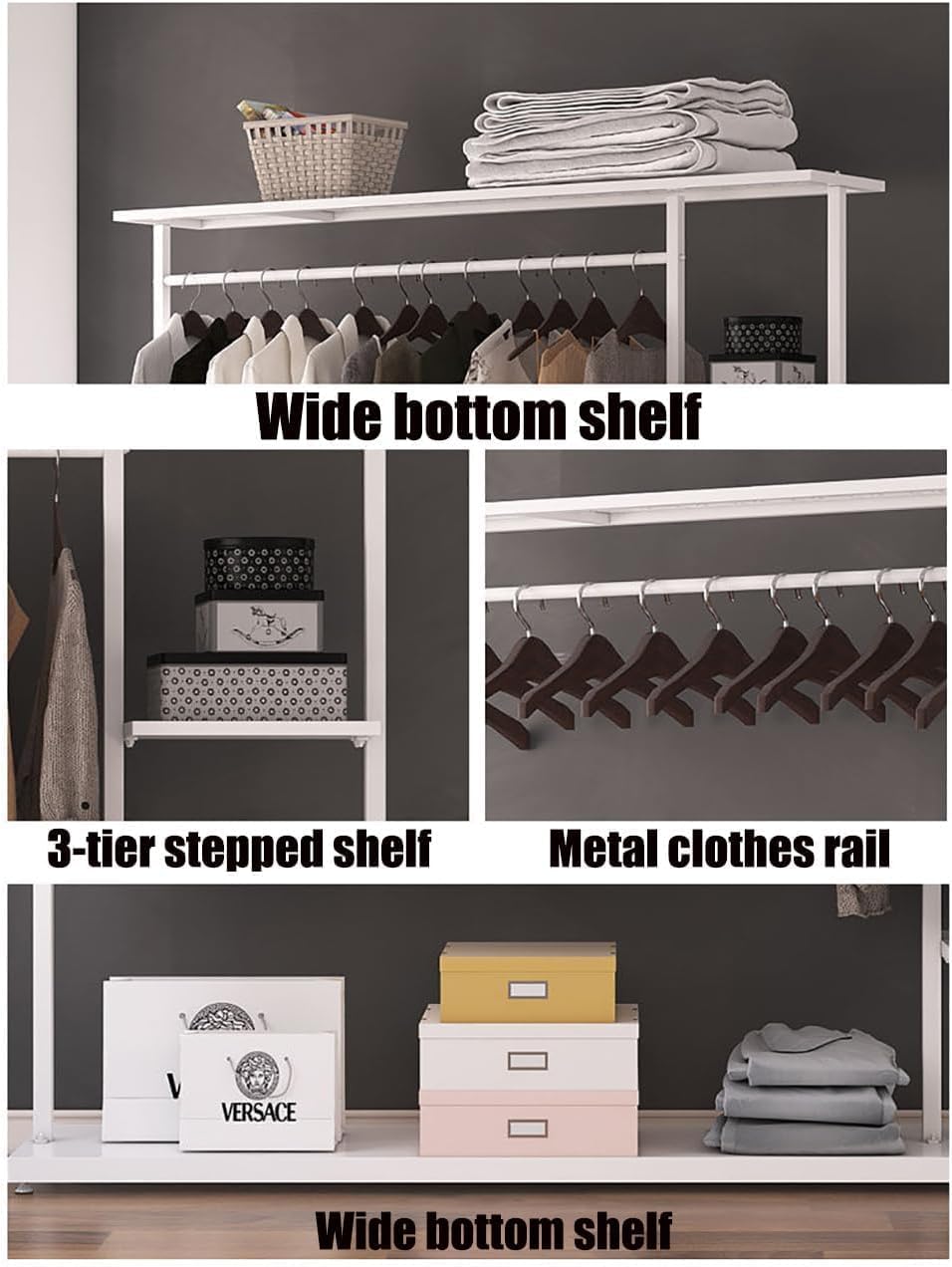 5-Tier Clothing Rack, Free Standing Garment Rack with Shelves for Home,Storage Display Stand for Clothes, Shoes, Accessories – Metal Frame, Space-Saving(White,59IN)