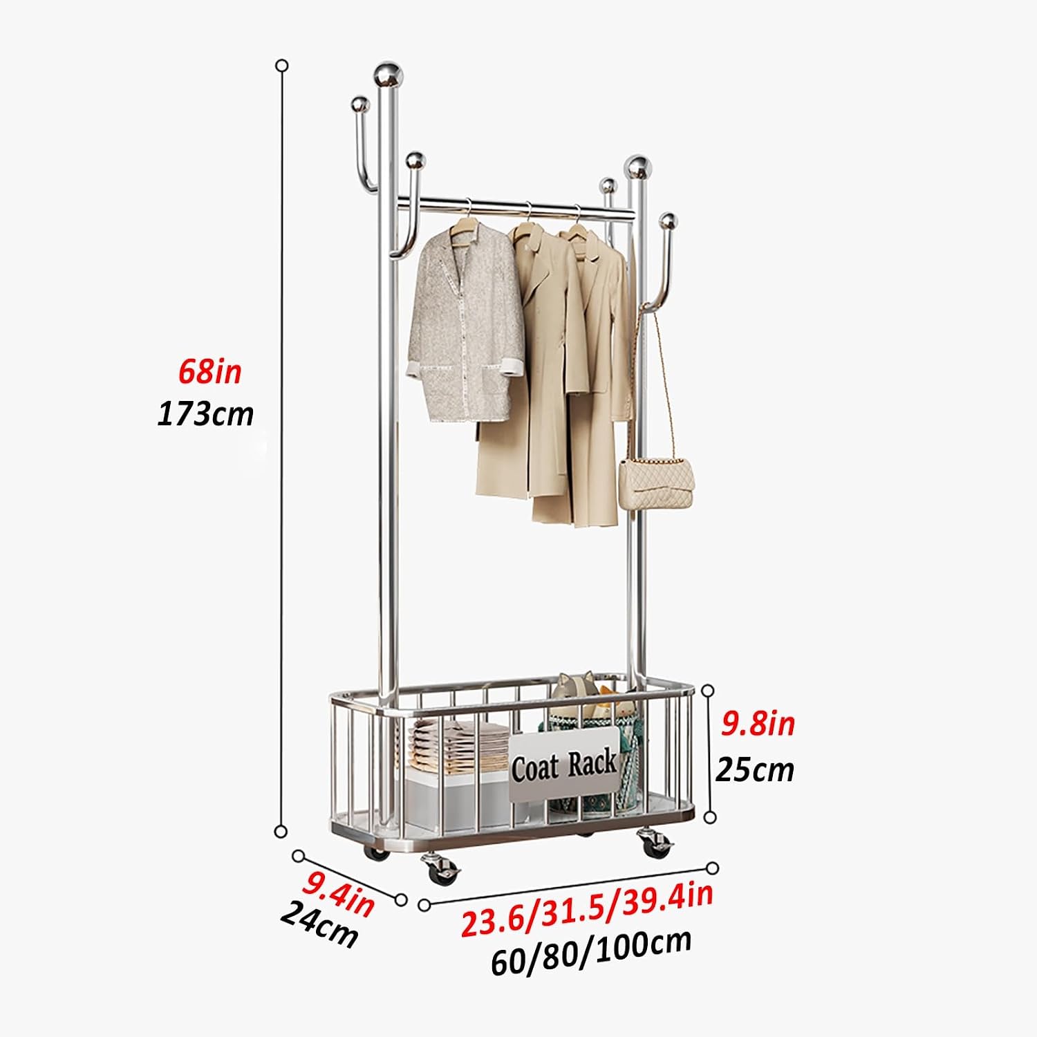Heavy Duty Rolling Clothes Rack, Clothing Rack with Wheels, Garment Racks for Hanging Clothes, Wardrobe Racks for Bedroom Laundry Living Room(Silver,60cm/23.6in)