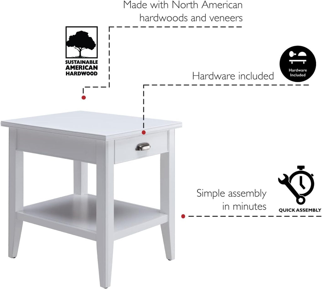 Leick Home Laurent 20 in. Solid Wood End Table with Shelf and Drawer, White, 10507-WT
