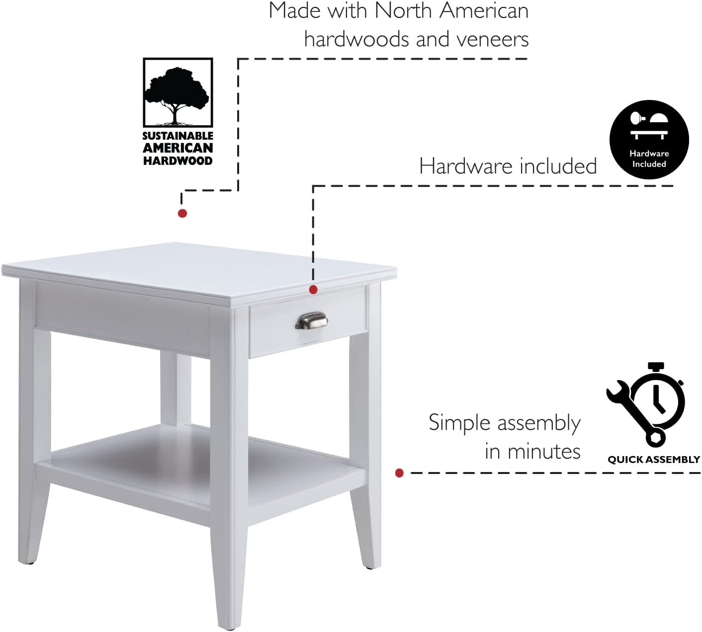 Leick Home Laurent 20 in. Solid Wood End Table with Shelf and Drawer, White, 10507-WT