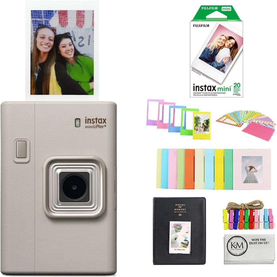 FUJIFILM instax mini LiPlay+ (Sand Beige) Hybrid Instant Camera Bundle with 20 Exposures Instant Film + Instax Mini Album, Borders, Stickers & Clips + Microfiber Cleaning Cloth (4 Items)