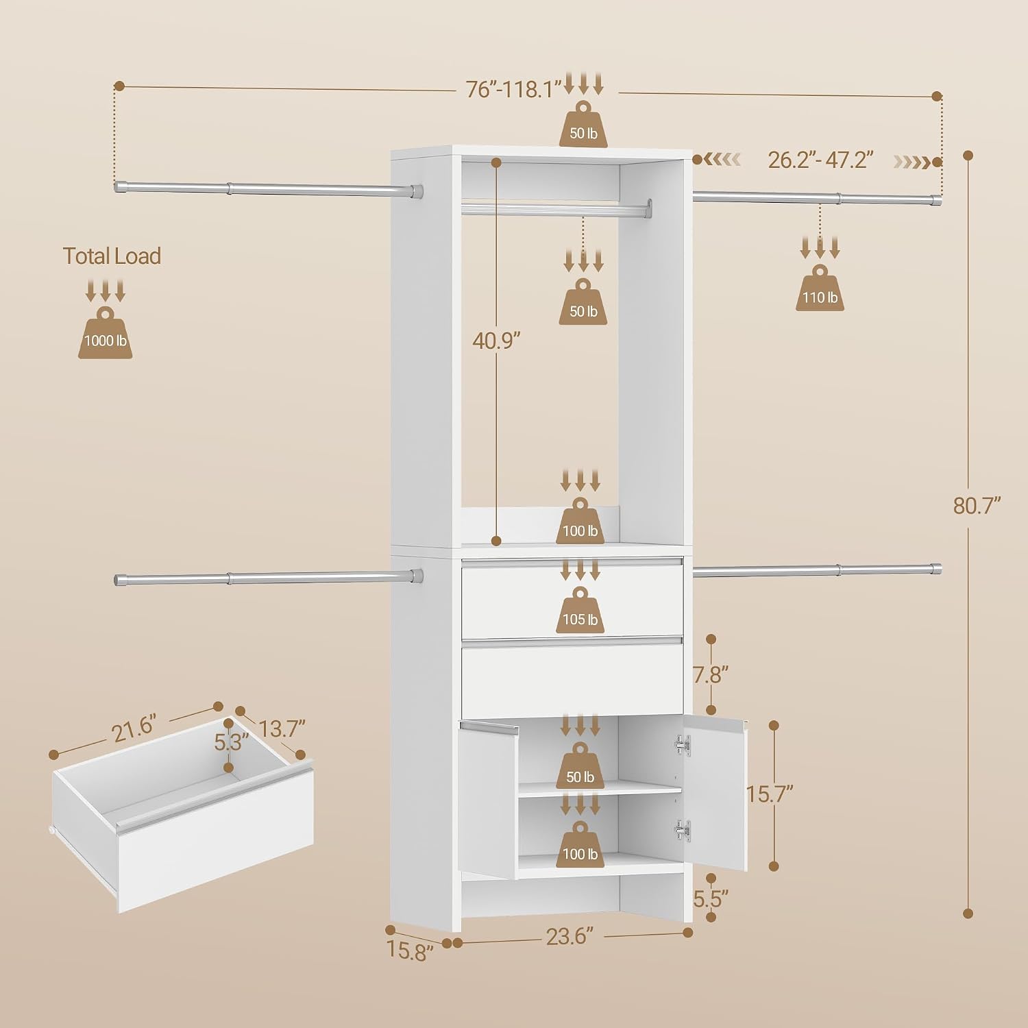 Hzuaneri Closet System with 2 Drawers, Walk-in Closet Organizer System Wooden Storage Systems with 4 Hang Rods & Shoe Cabinet, Fits Spaces 4-9.8FT, Wardrobe Clothes Rack Garment Rack, White MC00103E