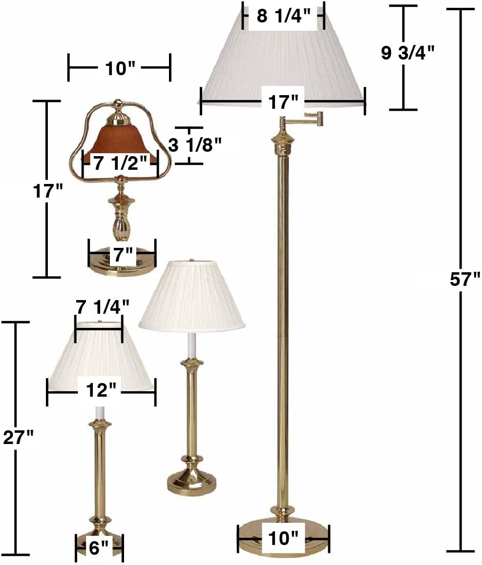 Renovator's Supply Brass Table And Floor Lighting Lamp Set Includes 1 Floor Lamp, 2 Traditional Table Bed Side Lamps, 1 Amber Desk Lamp