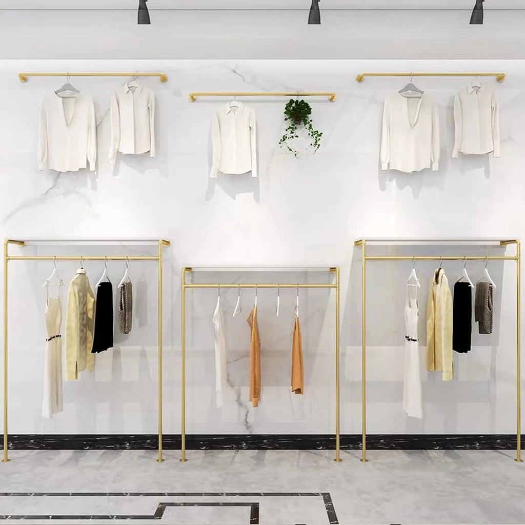 Modern Simple Industrial Pipe and Wood Garment Rack,Wall Mounted Hanging Rods Clothing Rack,Retail Display Storage Clothes Hanging Shelves(Gold, 47.2' L)