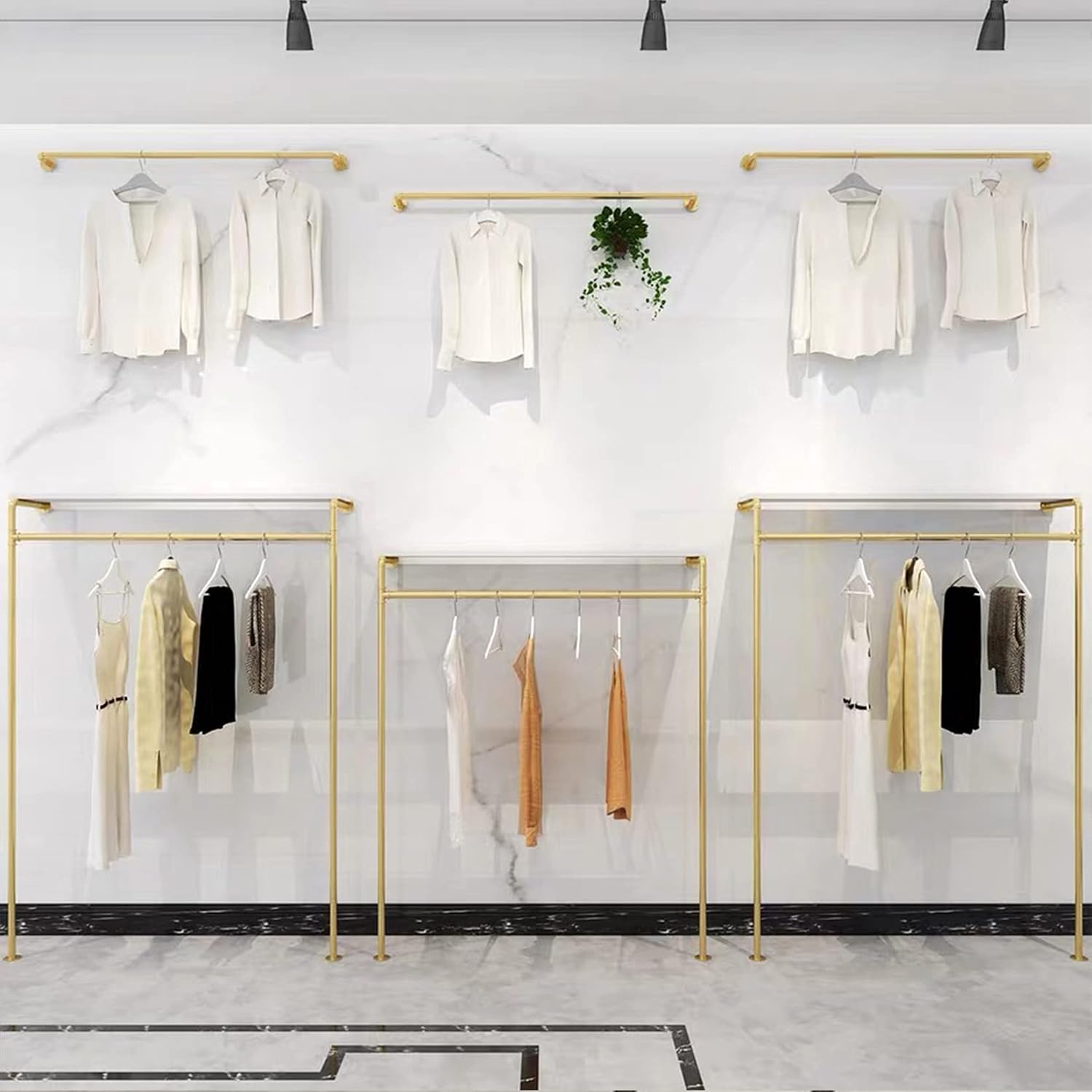 Modern Simple Industrial Pipe and Wood Garment Rack,Wall Mounted Hanging Rods Clothing Rack,Retail Display Storage Clothes Hanging Shelves(Gold, 47.2' L)