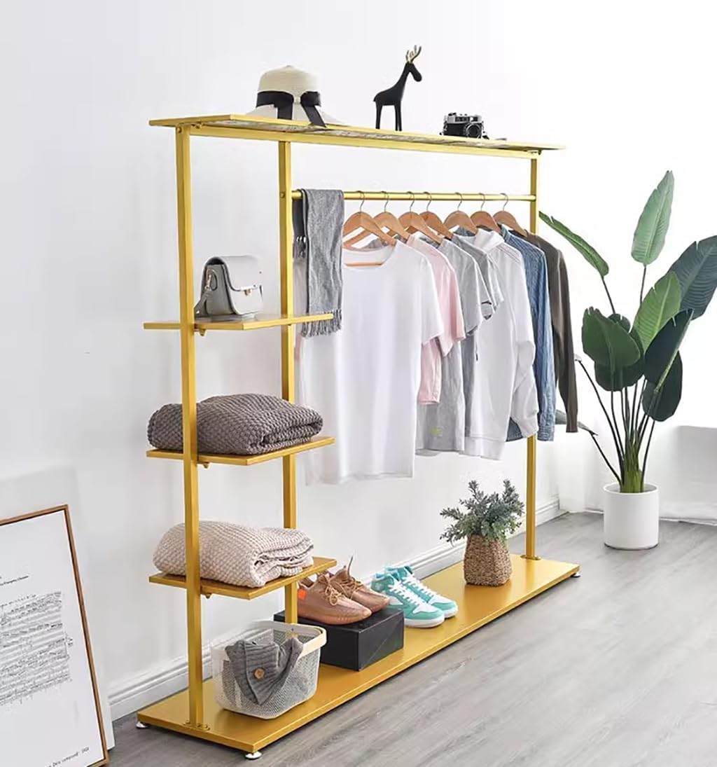 5-Tier Clothing Rack, Free Standing Garment Rack with Shelves for Home,Storage Display Stand for Clothes, Shoes, Accessories – Metal Frame, Space-Saving(Gold,47IN)