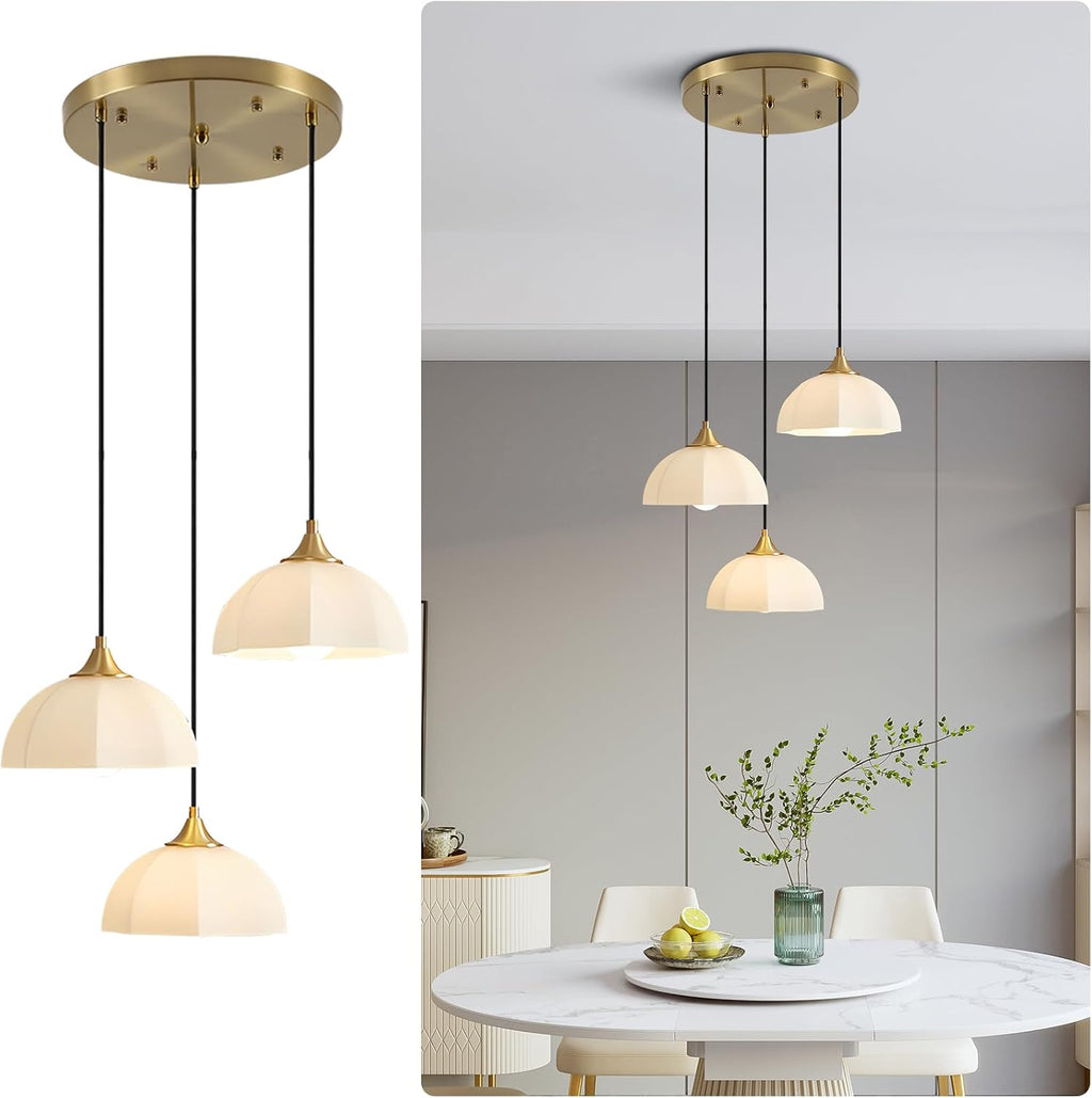 3 Lihgt Minimalist Style Ceiling Hanging Lamp 7.8' White Dome Glass Lampshade Brass Finish Ceiling Light Nordic Retro Pendant Light for Kitchen Island Bedroom Bedside