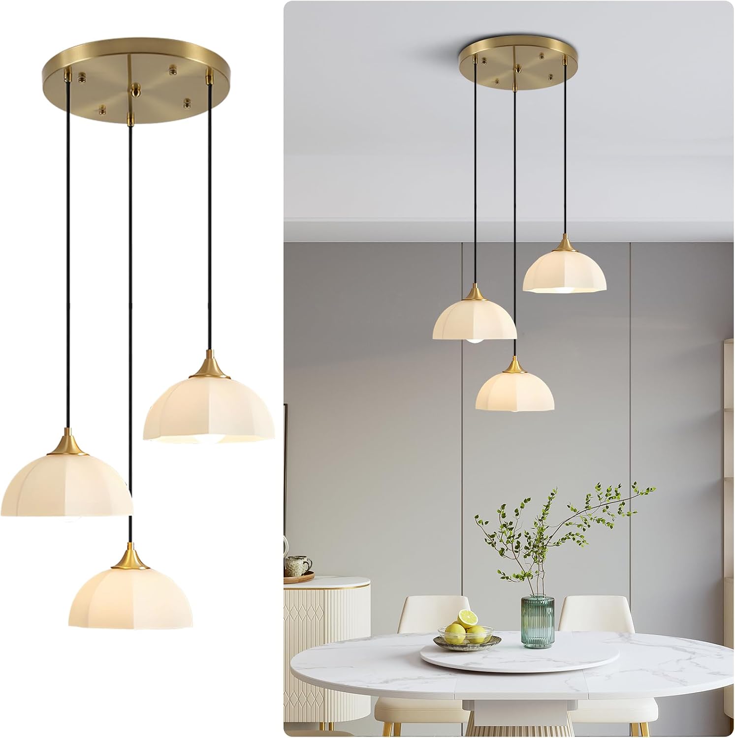 3 Lihgt Minimalist Style Ceiling Hanging Lamp 7.8' White Dome Glass Lampshade Brass Finish Ceiling Light Nordic Retro Pendant Light for Kitchen Island Bedroom Bedside