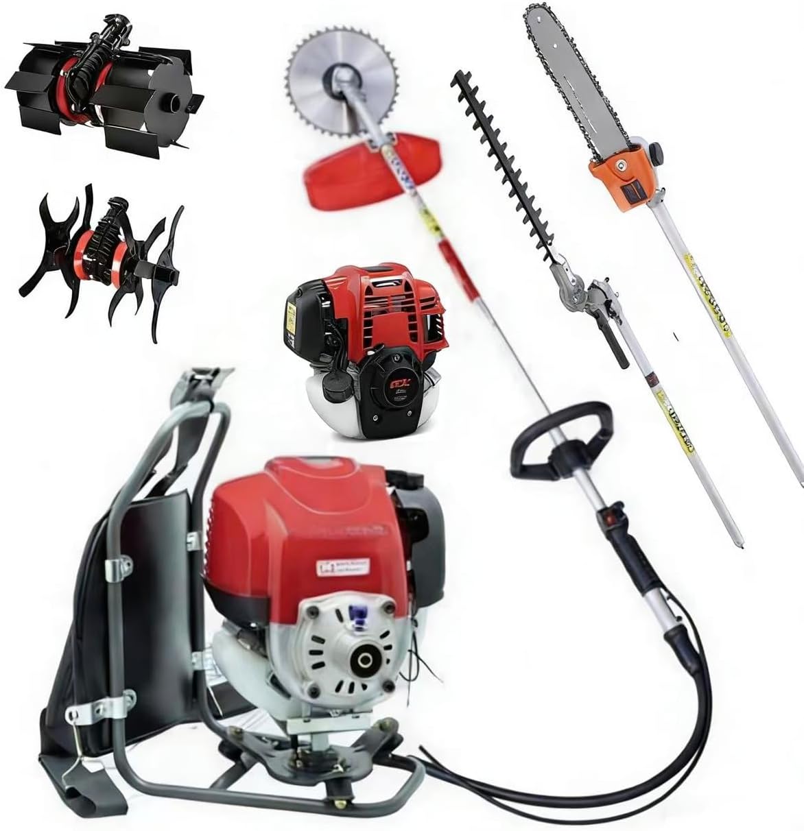 GX50 Backpack Gas Hedge Trimmer, Brush Cutter (40T), Weed Eater/String, Cultivator,Tiller, Pole Saw & 12' Chainsaw Pruner with Extension Pole