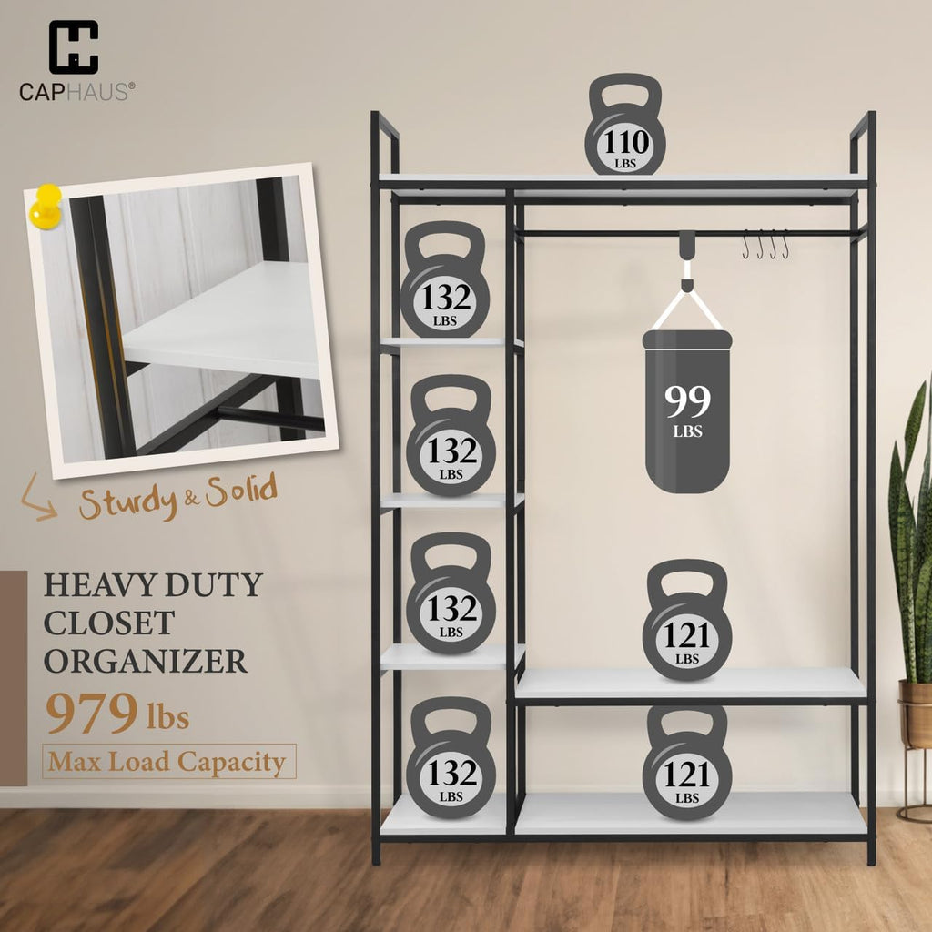 Fencer Wire Heavy Duty 979lbs Freestanding Closet Organizer w/Hanging Rods & Fabric Drawers, Garment Rack, Metal Clothes Rack w/Wood Shelves, Freestanding Closet Wardrobe, Metal Closet, White Board