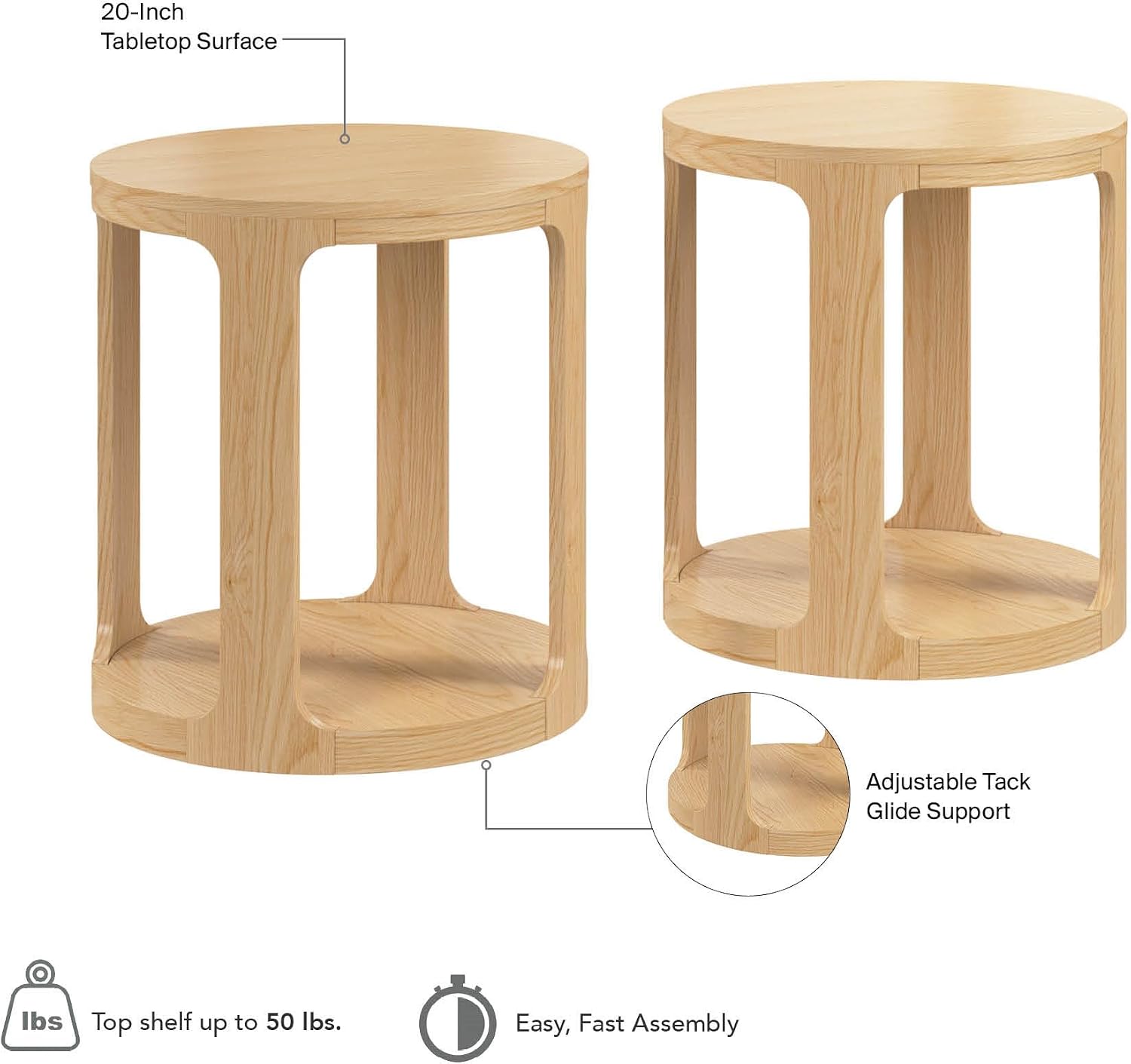 Bush Home Vera Round End Table – Set of 2, Living Room Furniture, Vera Collection, Natural White Oak