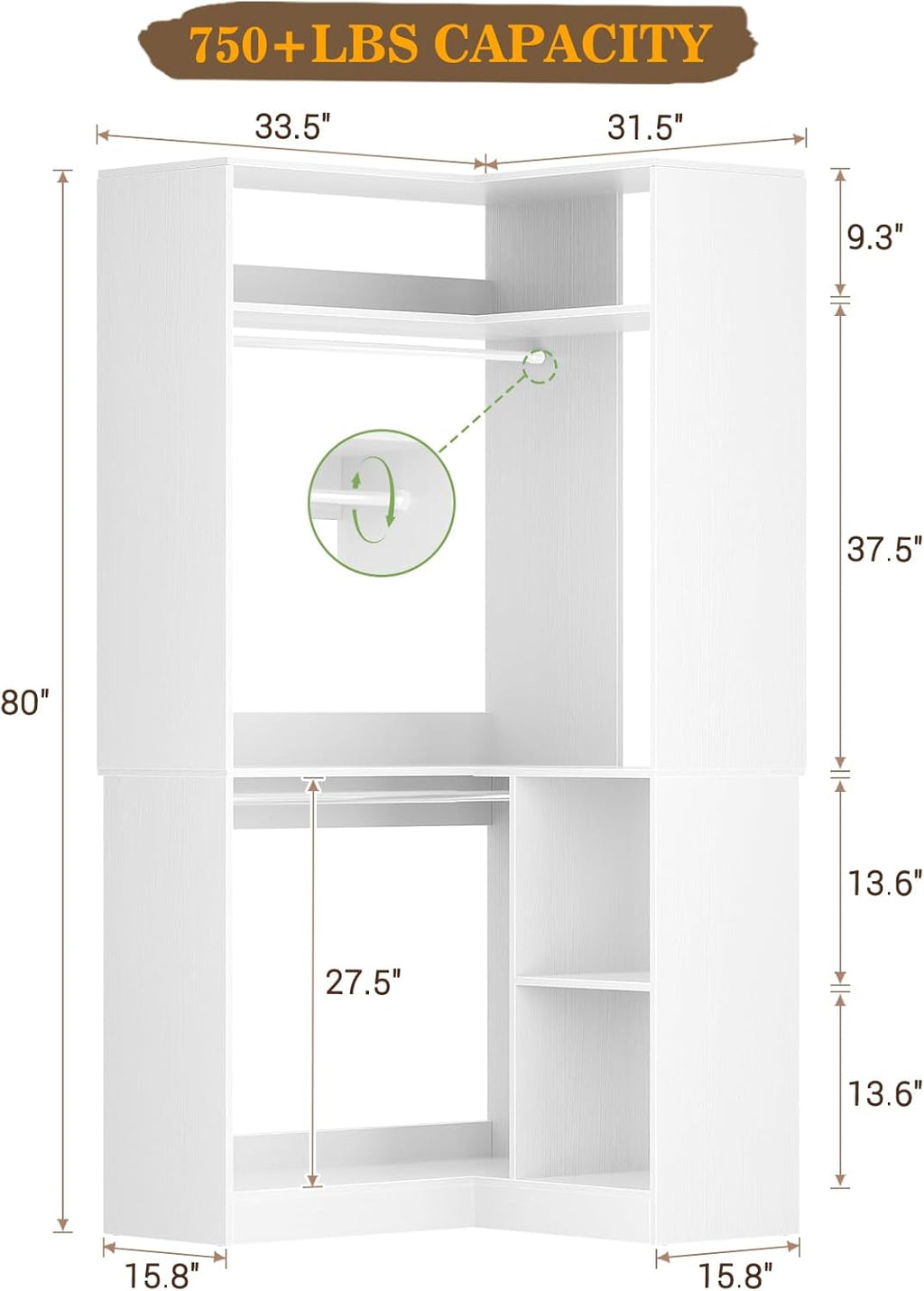 Aheaplus Corner Closet System With Shelves, 34'' Organizer With Hanging Rods, Wood Walk-in for Small Space, Freestanding Tower, L Shaped Garment Rack, White