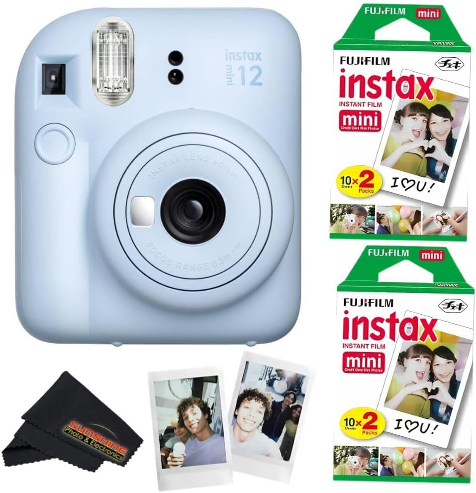 Fujifilm Instax Mini 12 Camera with Fujifilm Instant Mini Film (40 Sheets) Bundle with + Sunshine Photo Microfiber Cleaning Cloth (Pastel Blue)