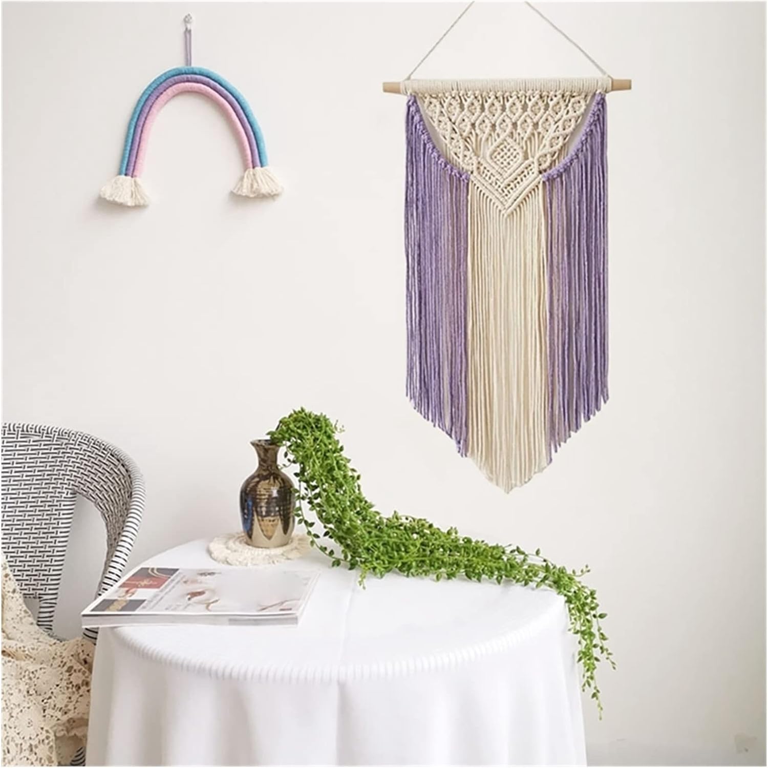 Tapestry Macrame Wall Hanging Tapestry Chic Geometric Tassels Tapestry Apartment Bedroom Bohemian Decoration (Purple)
