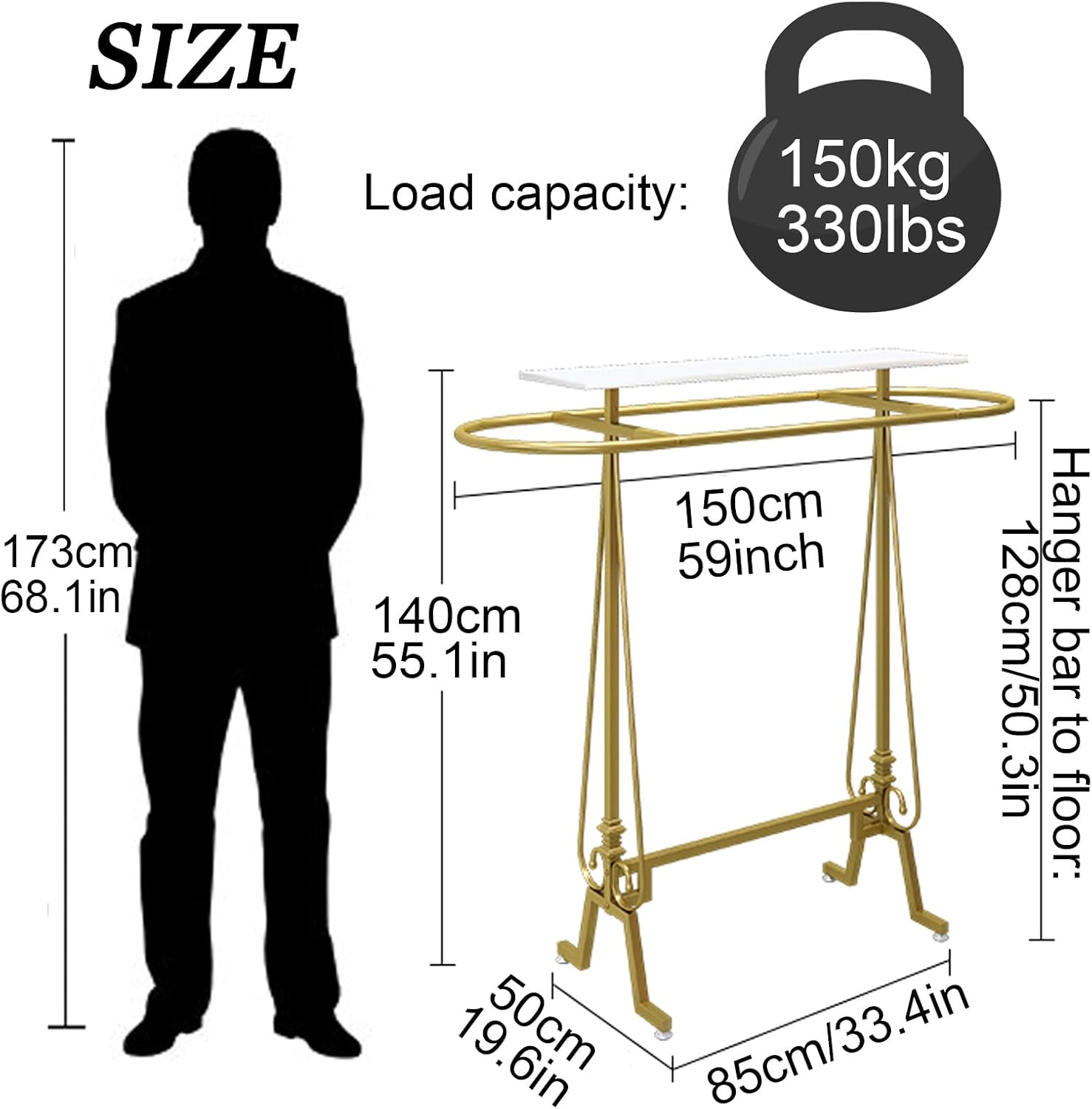 Round Clothing Rack, Commercial Floor Standing Clothes Hanging Rack, Oval Iron Clothing Hanging Rack, for Bedrooms Hanging Apparel, Boutiques Display, Laundry Room (Gold)