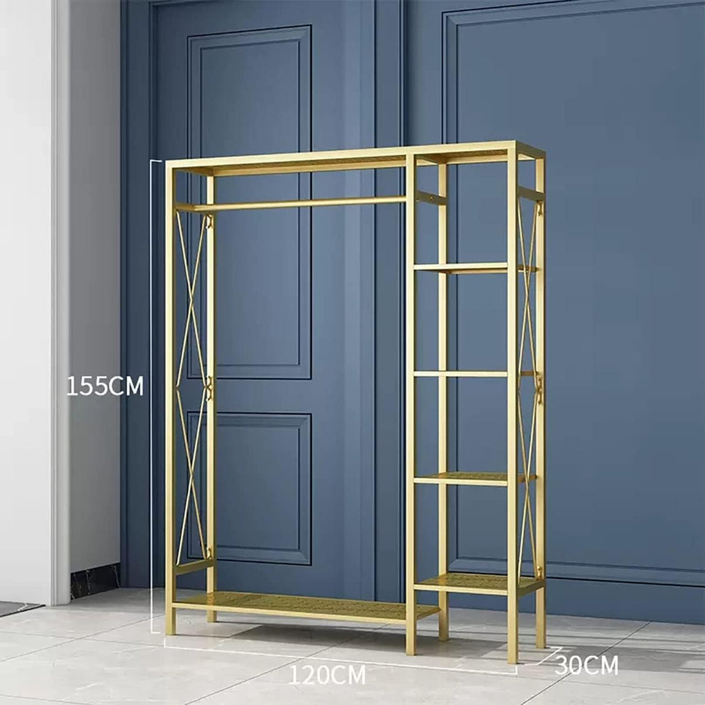 Metal Clothing Rack With Rods Freestanding Garment Rack For Hanging Clothes Organizer Wardrobe With 6-Tier Storage Shelve For Bedroom, Entryway (Color : Gold, Size : 120cm)