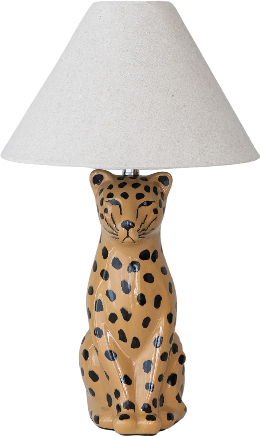 Creative Co-Op Ceramic Cheetah Table Lamp with Linen Shade and Inline Switch, Yellow and Black, Set of 2