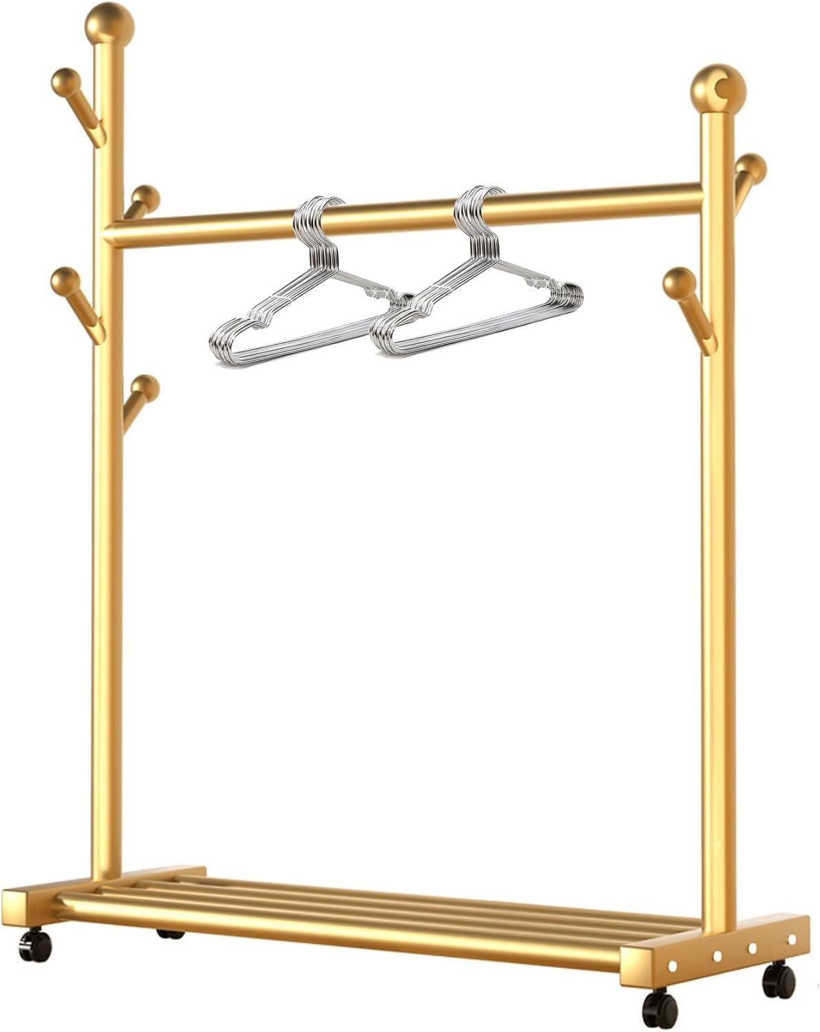 Narrow Clothes Rack with Wheels, Rolling Garment Rack for Hanging Clothes, Clothing Organizer with Side Hooks and Bottom Storage Shelf, Gold (Color : Gold, Size : 60x38x154cm)