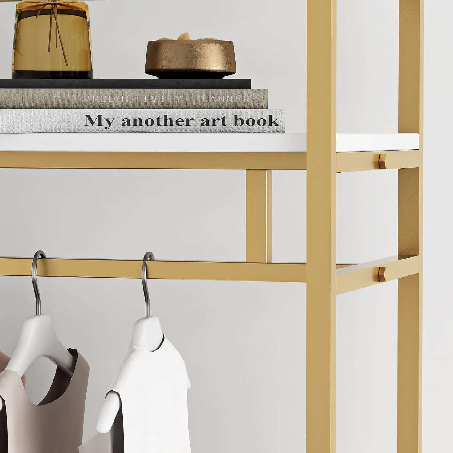 Heavy Duty Gold Clothing Rack with Shelves for Hanging Clothing, Gold Metal Freestanding Garment Rack for Retail Display (59' L)