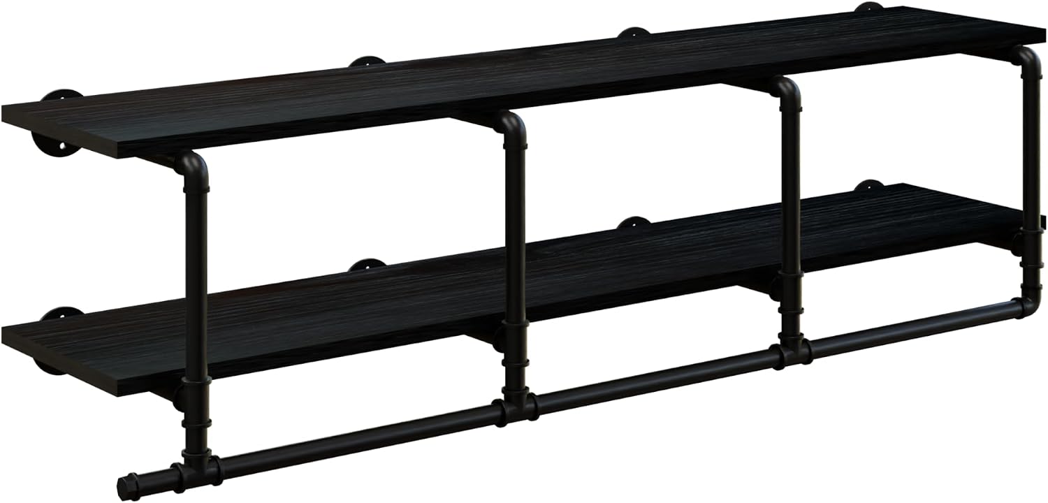 Wall Mounted Clothes Rack 12 Inch Deep, 60 Inch Heavy Duty Garment Rack with Real Black Wood Shelf, Multi-Purpose Hanging Rod & Space-Saving Closet Storage Organizer