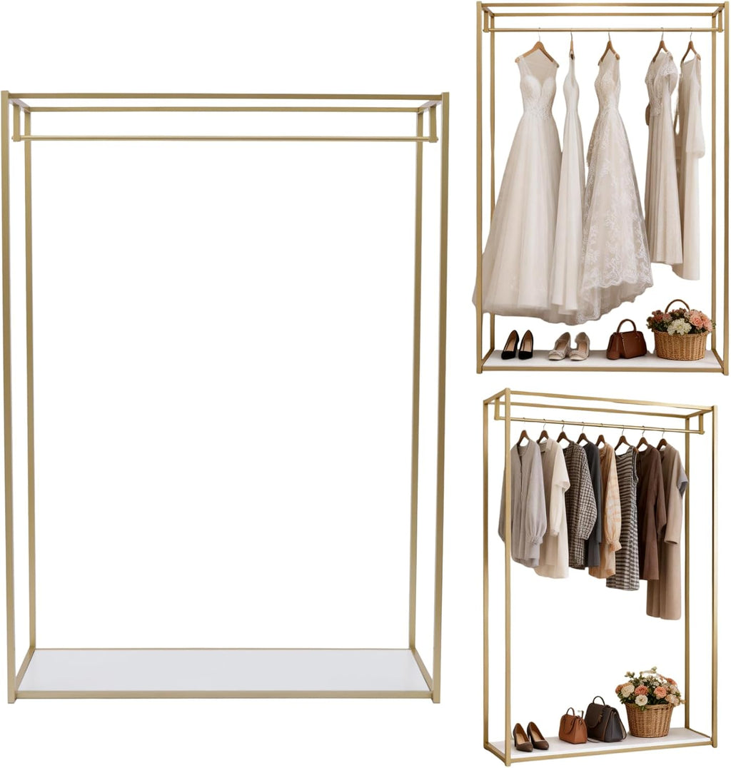 Heavy Duty Gold Clothing Rack with Shelves for Hanging Clothing Wedding Dress Retail Studio Display Stand Metal Freestanding Garment Rack for Shoes, Bags, Retail Studio, Wedding Dress 47.2x15.8x66.9in