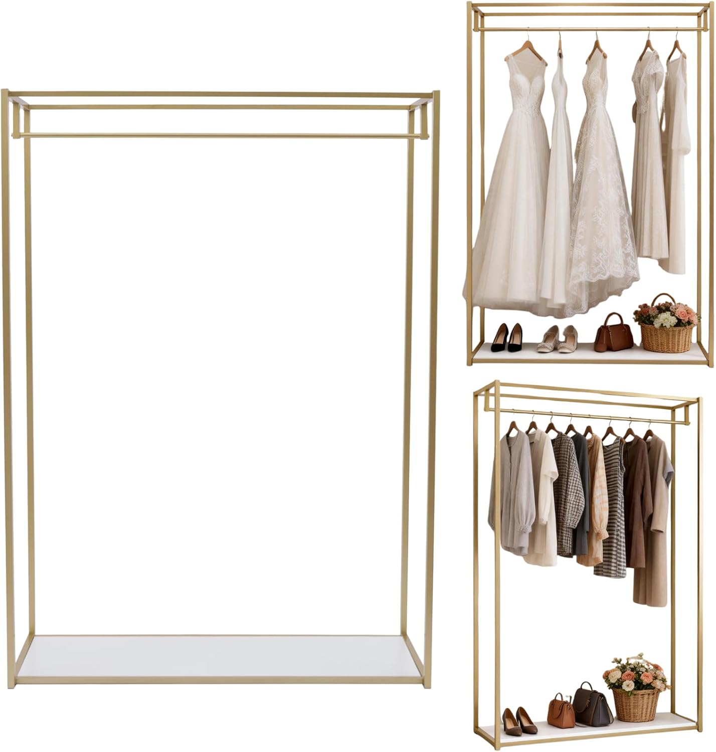 Heavy Duty Gold Clothing Rack with Shelves for Hanging Clothing Wedding Dress Retail Studio Display Stand Metal Freestanding Garment Rack for Shoes, Bags, Retail Studio, Wedding Dress 47.2x15.8x66.9in