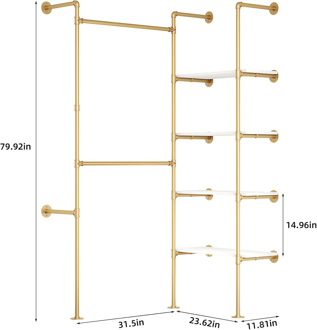 Industrial Pipe Clothing Rack, Hanging Rods Clothes Rack with Shelves, Clothes Rack for Wardrobe, Corner Closet System for Walk in Closets (Gold, II-4Tier)