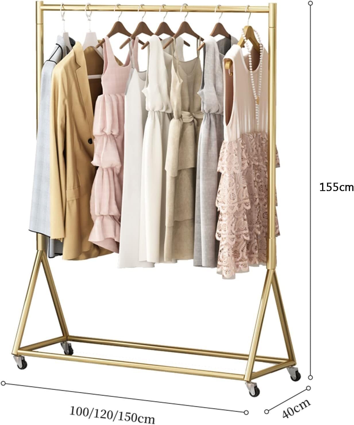 Heavy-Duty Multifunctional Clothing Rack with Wheels & Shelves, Gold Metal Garment Rack for Hanging Clothes, Large Capacity, 100x40x155CM, Perfect for Home & Retail Use
