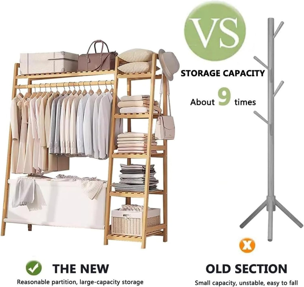 Bamboo Clothes Rack - Freestanding Garment Rack with Shelves and Shoe Storage, Clothing Rack for Hanging Clothes, Hats,for Bedroom, Closet, Office, or Dorm Organization(A,110CM)