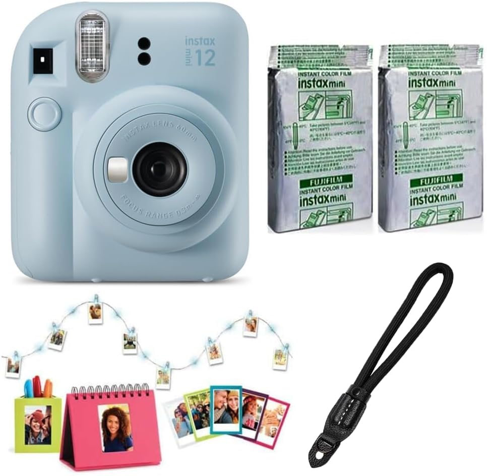 Fujifilm Instax Mini 12 Instant Camera Accessory Kit (Pastel Blue) with Instax Mini Film Foil (2 Pack), Accessory Kit and Rope Wrist Strap