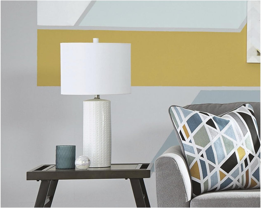 BOWERY HILL Contemporary Ceramic Table Lamp, 25.25' H, White Finish, Drum Shade, Set of 2, 3-Way Switch, Type A Bulb Compatible, Modern Lighting for Bedroom or Living Room Decor