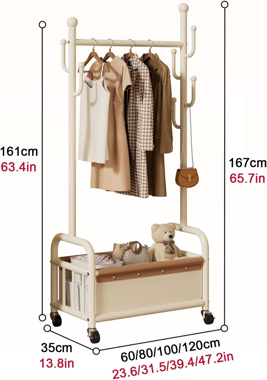 Metal Rolling Clothing Rack with Storage Basket & Side Hooks, Freestanding Garment Rack on Wheels,Portable clothes racks for Bedroom, Entryway, Small Space Organizer(White,60cm(23.6in))