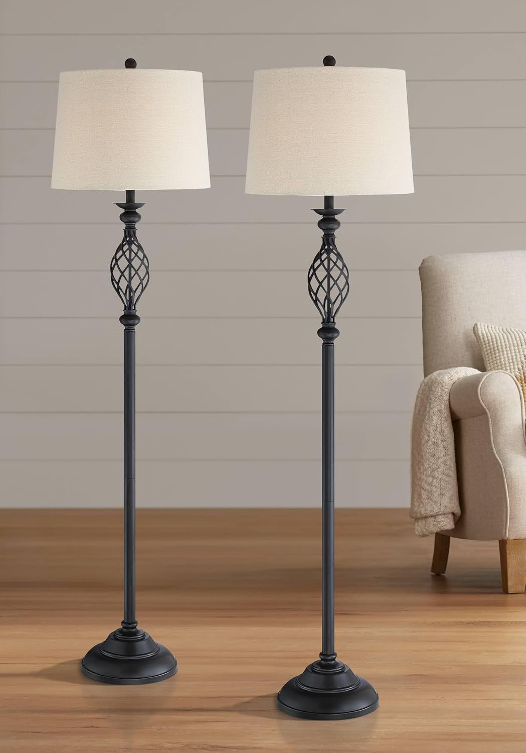 Franklin Iron Works Annie Traditional 63' Tall Standing Floor Lamps Set of 2 Lights Iron Scroll Brown Bronze Finish Living Room Bedroom House Reading Office Home Decor Entryway Cream Drum Shade