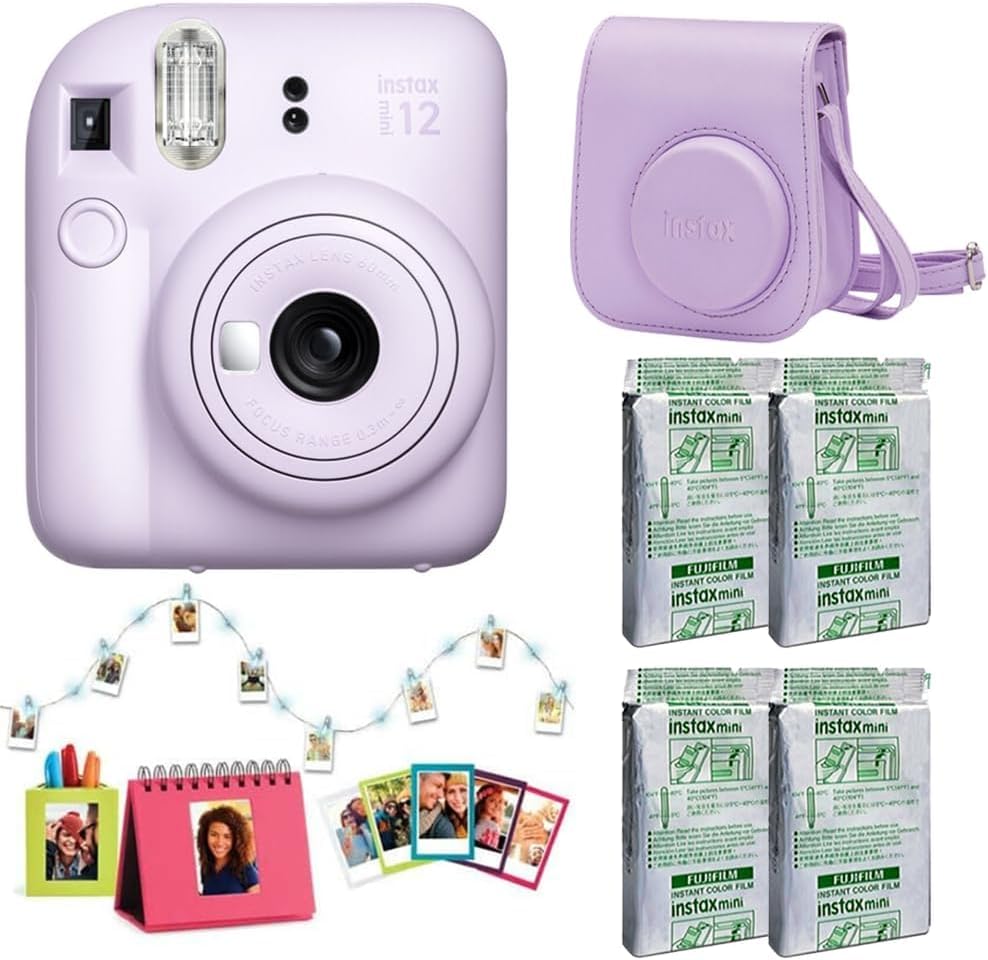 Fujifilm Instax Mini 12 Instant Camera Accessory Kit (Lilac Purple) with Instax Mini Film - Foil Pack (4 Pack), Instax Mini Accessory Kit & Case